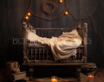 Rustic Crib Newborn Digital Backdrop, Boho Baby Photo Prop (PNG)