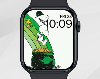 聖パトリックデーのApple Watch壁紙、四つ葉のクローバーのApple Watch文字盤、幸運のシャムロックのApple Watch背景、漫画の犬の美的センス