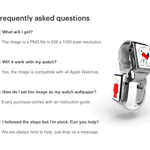 May include: Two silver Apple Watches with white bands are displayed. One watch shows a Snoopy graphic with a red heart, the other shows a red and white graphic. Text on the left side reads "Frequently asked questions" and answers to common questions.