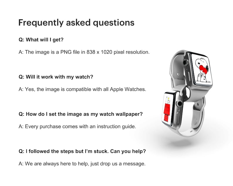 May include: Two silver Apple Watches with white bands are displayed. One watch shows a Snoopy graphic with a red heart, the other shows a red and white graphic. Text on the left side reads "Frequently asked questions" and answers to common questions.