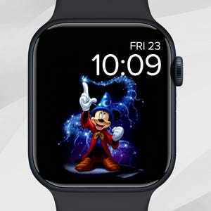 May include: A black smartwatch with a Mickey Mouse design on the screen. The screen displays the time, date, and a cartoon image of Mickey Mouse dressed as a wizard, with a blue and white magical effect.