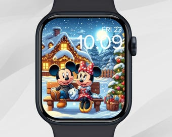 ミッキーマウスのApple Watchの壁紙、ミニーマウスのApple Watchの文字盤、クリスマスの文字盤、冬のホリデーウォッチの背景、居心地の良い美的感覚