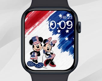 愛国的なミッキーマウスのApple Watchの壁紙、ミニーマウスのApple Watchの文字盤、アメリカ国旗の独立記念日のApple Watchの背景、マジックキングダムの美学
