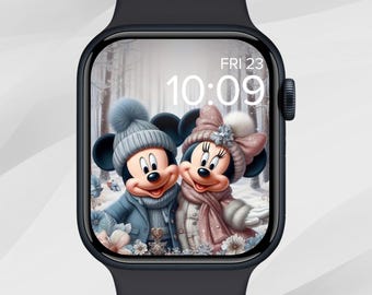ミッキーマウスのApple Watchの壁紙、ミニーマウスのApple Watchの文字盤、クリスマスの文字盤、冬のホリデーウォッチの背景、居心地の良い美的感覚