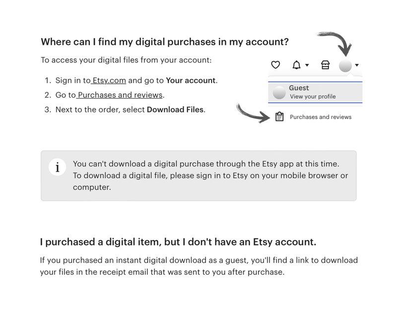 May include: A white webpage with text explaining how to find digital purchases on Etsy. Instructions include signing in, going to purchases, and selecting download files. A pop-up menu shows "Guest" and "View your profile".