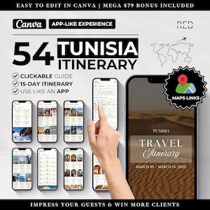 Roteiro de viagem de 15 dias para a TUNÍSIA, 54 modelos de itinerário de viagem digital Canva, guia de viagem digital para a Tunísia, agente de viagens para a Tunísia Canva