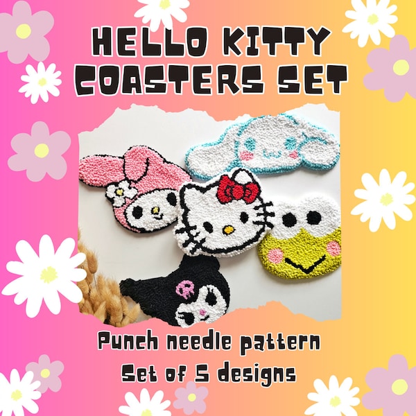 Mug rug pattern, punch needle coasters pdf pattern, Cute Kitty coaster template, Punch needle kawaii pattern, punch needle pattern.