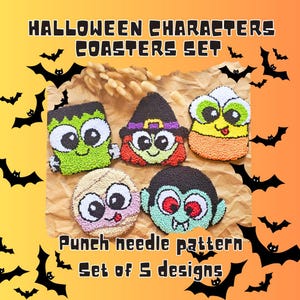 Halloween Mug rug pattern, punch needle coasters pdf pattern, Halloween characters coaster pattern, punch needle Halloween pattern.