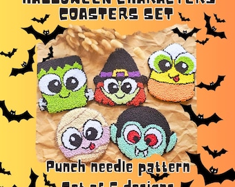 Halloween Mug rug pattern, punch needle coasters pdf pattern, Halloween characters coaster pattern, punch needle Halloween pattern.