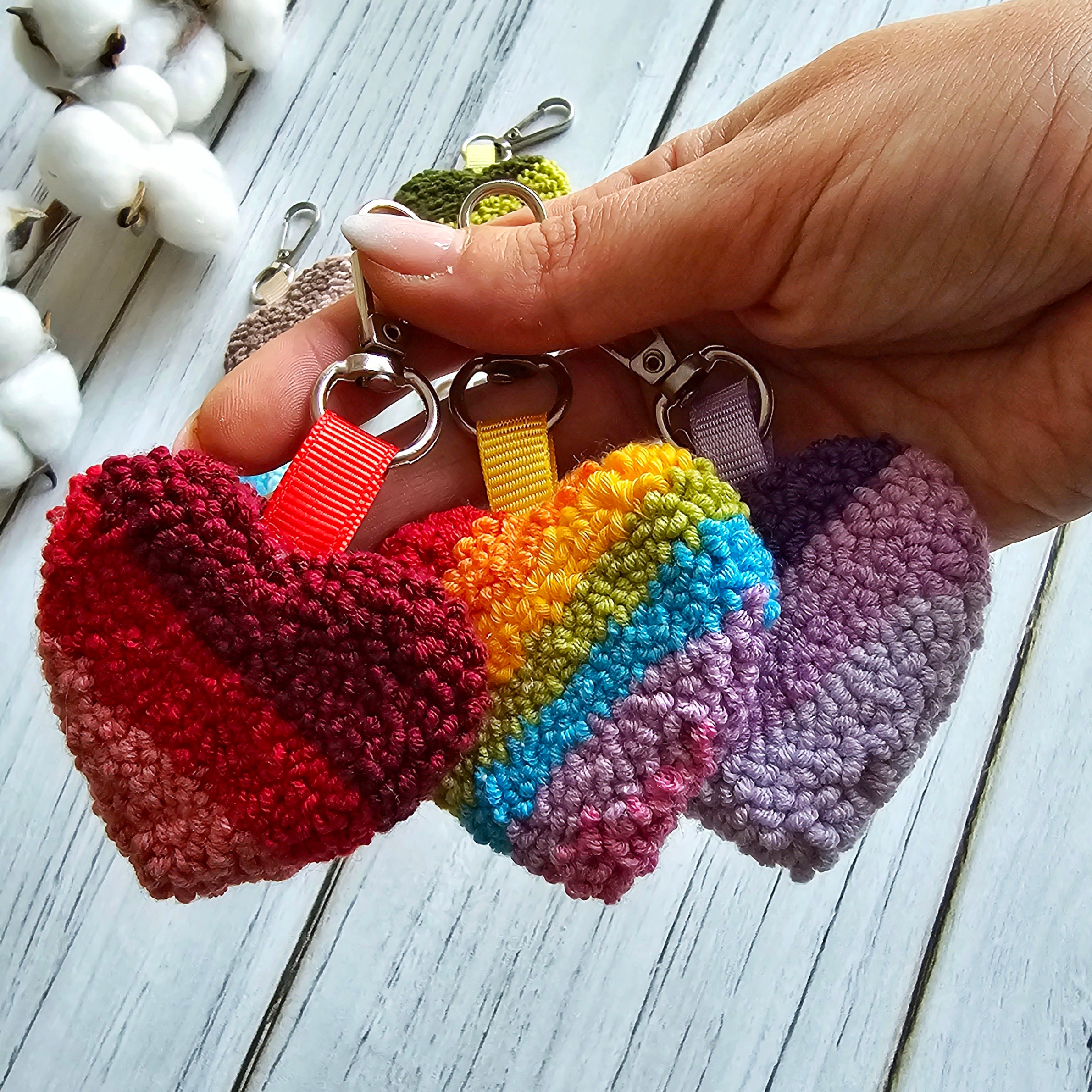 Handmade Punch Needle Heart Keychain, Cute Embroidered Bag Charm