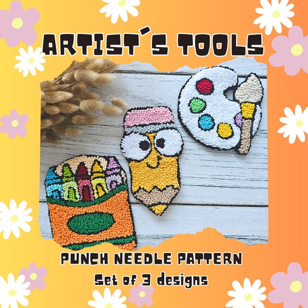 Mug rug pattern, punch needle coasters pdf pattern, Artist's tools coaster template, Punch needle paint palette pattern