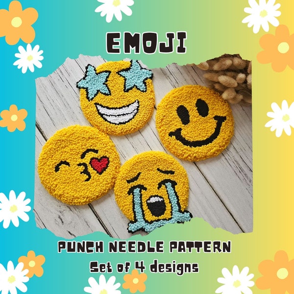 Mug rug pattern, punch needle coasters pdf pattern, emoji coaster template, Punch needle Smily face pattern, punch needle pattern.