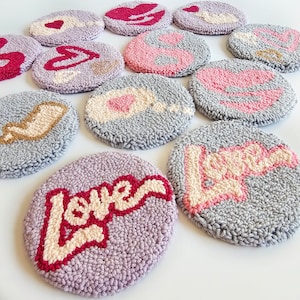 Punch Needle coasters, Coffee lovers gift, Housewarming gift, gift for girlfriend, handmade Mug Rug, coasters with hearts, gift for lovers