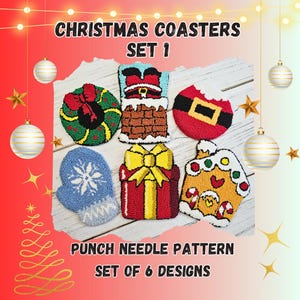May include: Set of six Christmas-themed punch needle coaster patterns. The designs include a snowman, a gingerbread house, a present, a wreath, a Santa hat, and a chimney.