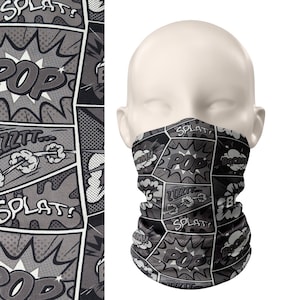 May include: A black and white face mask with a comic book pattern. The pattern features words like "POP", "BOOM", and "SPLAT" in a variety of fonts and sizes.