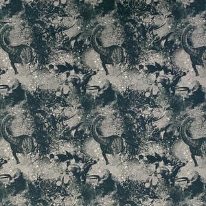 May include: A repeating pattern featuring stylized dinosaur illustrations in shades of gray and dark teal. The design includes a textured, speckled background with abstract shapes, creating a prehistoric theme. The dinosaurs are depicted with long necks and detailed bodies.