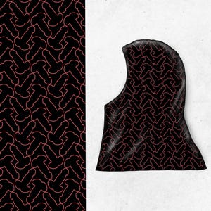 May include: Black balaclava with a repeating pattern of pink outlined phalluses. The pattern is also shown on a vertical strip to the left of the balaclava.