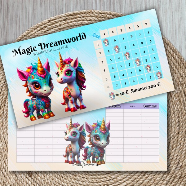 MAGIC DREAMWORLD - Würfelchallenge passend für A6 Zipperhülle / Sparspiel für A6 Budget Binder / Budget Tracker auf der Rückseite