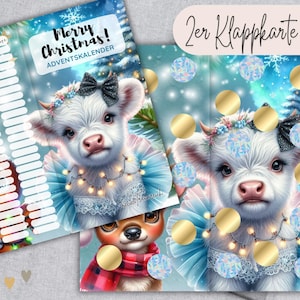 ADVENTSKALENDER / 2er Klappkarte Rubbelchallenge - Challenge für A6 Zipperhülle / Sparspiel Budget Binder / Baby Highland Kuh Weihnachten