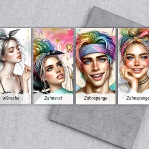 Op de afbeelding: Vier kleurrijke portretdrukken met gestileerde illustraties van mensen met regenbooghaar en bandana's. De prints hebben Duitse tekst: "W&uuml;nsche", "Zahnarzt" en "Zahnspange". De portretten staan op een grijs oppervlak.
