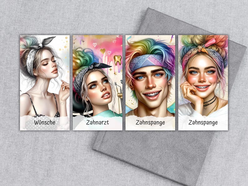 Op de afbeelding: Vier kleurrijke portretdrukken met gestileerde illustraties van mensen met regenbooghaar en bandana's. De prints hebben Duitse tekst: "W&uuml;nsche", "Zahnarzt" en "Zahnspange". De portretten staan op een grijs oppervlak.