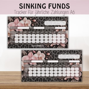 Könnte beinhalten: Zwei A6 Sinking Funds Tracker mit dunkelgrauem Leopardenmuster-Hintergrund und hellrosa Orchideenblüten. Die Karten enthalten Felder für FÄLLIGKEIT, RATE, GESAMTSUMME, START und GESAMT sowie monatliche Ankreuzfelder von JAN bis DEZ.