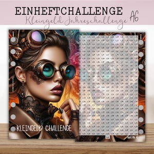 STEAMPUNK Kleingeld Sparchallenge A6 - 365 Tage Zeitreise Sparspiel zum einheften / beidseitig bedruckt, Jahreschallenge Münzen sparen
