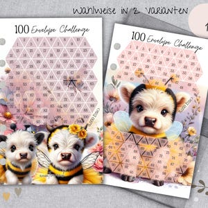 BUMBLEBEE 100 Envelope Challenge  -  Budgetspiel passend für A6 Binder / Sparspiel zum einheften / beidseitig bedruckt / Baby Highland Cow