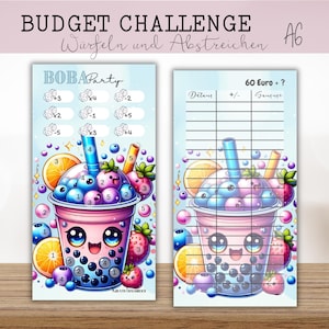 BOBA PARTY - Bubble Tea Würfelchallenge mit Abstreichbeträgen für A6 Zipperhüllen / Sparspiel  zum Würfeln / Tracker auf der Rückseite