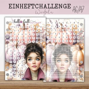 HELLO FALL Shut the Box A6 oder A7 Challenge zum Einheften / beidseitig bedruckt / Herbst Würfelchallenge Messy Bun Girl / Sparspiel würfeln