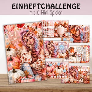 Könnte beinhalten: Ein Set aus bedruckten Challenge-Blättern mit dem Titel EINHEFTCHALLENGE mit 6 Mini Spielen, die herbstliche Illustrationen einer Person mit rosa-blauem Haar, Kürbissen und Laub zeigen. Die Blätter enthalten verschiedene Spielraster und Texte.