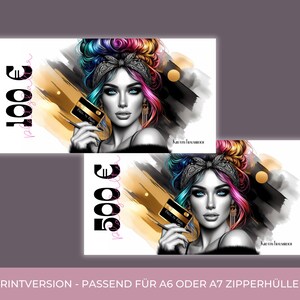 BUDGET PLACEHOLDER for banknotes - Messy Bun Girl budget planning 50, 100, 200, 500, 1000 Euro play money suitable for A6 or A7 zipper sleeves image 4