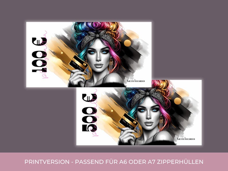 BUDGET PLACEHOLDER for banknotes - Messy Bun Girl budget planning 50, 100, 200, 500, 1000 Euro play money suitable for A6 or A7 zipper sleeves image 4