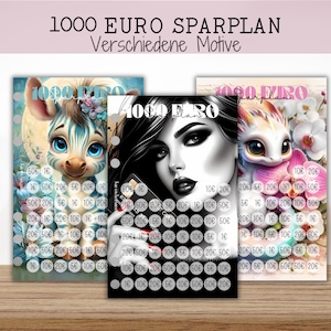 Könnte beinhalten: Drei rechteckige Spar-Challenge-Karten mit der Aufschrift 1000 EURO SPARPLAN. Die linke Karte zeigt ein Zebrababy, die mittlere Karte ein Schwarz-Weiß-Porträt einer Person mit Kreditkarte und die rechte Karte einen kleinen Drachen mit Blumen.