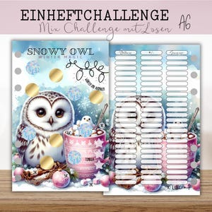 SNOWY OWL  - Challenge zum würfeln, rubbeln, abstreichen und losen / direkt zum Einheften in A6 Binder / Tracker auf der Rückseite / Eule