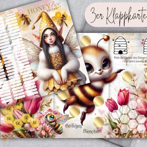 HONEY BEE Klappkarte Sparchallenge für A6 Zipperhülle / 3er Klappkarte / Bienen Sparspiel Budget Binder / Tracker auf der Rückseite