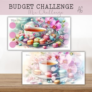 TEA & MACARONS - Mix Challenge für A6 Zipperhüllen / Sparspiel zum Würfeln, Rubbeln und Abstreichen / Tracker auf der Rückseite / Teezeit