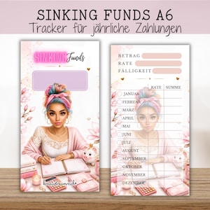 Könnte beinhalten: Zwei A6 Sinking Funds Tracker Einlagen mit rosa-weißem Blumenmuster. Die linke Karte zeigt den Text SINKING Funds und eine Person, die in einen Planer schreibt. Die rechte Karte enthält eine Tabelle mit den Monaten von Januar bis Dezember.