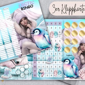 ARCTIC BINGO 3er Klappkarte Sparchallenge passend für A6 Zipperhülle / Winter Arktis Mix Challenge rubbeln, würfeln, abstreichen und Tombola