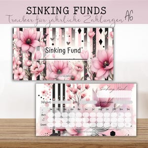 Könnte beinhalten: Ein floraler Sparfonds-Tracker mit rosa Blumen und schwarz-weißen Streifen. Der Text "SINKING FUNDS" und "Sinking Fund" sind sichtbar. Der Tracker enthält Felder für monatliche Einträge und eine Gesamtsumme.