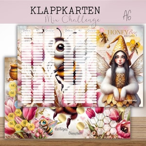 Könnte beinhalten: Dekorative Karten mit einem Bienen-Thema. Die Karten zeigen Illustrationen von Bienen, einer Fee und Blumen. Der Text enthält "KLAPPKARTEN Mix Challenge" und "HONEY Bee 200 Euro?". Die Farbpalette umfasst Rosa, Gelb und Weiß.