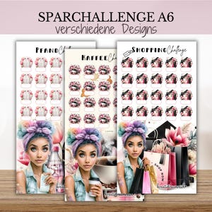 Könnte beinhalten: Drei A6-Spar-Challenge-Tracker mit Illustrationen einer Person mit buntem Haar. Die Tracker enthalten die Beschriftungen PfandChallenge, KaffeeChallenge und ShoppingChallenge sowie Reihen kleiner Symbole zur Verfolgung der finanziellen Fortschritte.