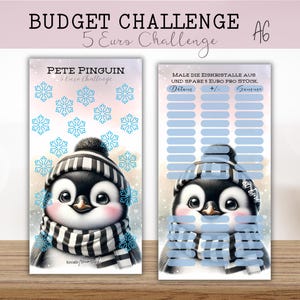 PETE PINGUIN 5 Euro Challenge - Sparchallenge passend für A6 Zipperhülle / Sparspiel für A6 Budget Binder / Budget Tracker auf der Rückseite