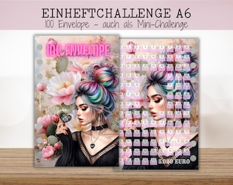 SERENA 100 ENVELOPE Challenge zum Einheften für A6 Budget Binder / auch als Mini Challenge erhältlich / Messy Bun Girl 100 Umschläge