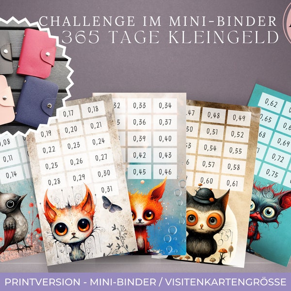 365 Tage Kleingeld Challenge mit den phantastischen Tierwesen / Kleingeld Challenge + Mini-Binder in Visitenkartengröße / Sparspiel Mini