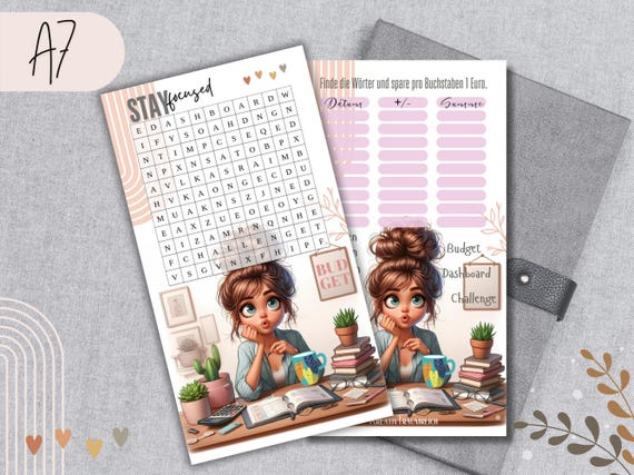 STAY FOCUSED A7 Wortsuchspiel passend für A7 Zipperhüllen / Sparspiel für Budget Binder / Budget Girl Wortsuche /Tracker auf der Rückseite
