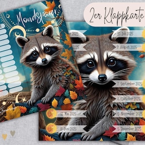MONDSPARER Klappkarte 2025 / Vollmond Sparchallenge für A6 Zipperhülle / Sparspiel Budget Binder / Mini Jahreschallenge + 12 goldene Lose