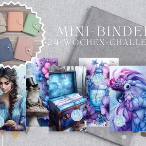 Könnte beinhalten: Ein Set aus sechs bunten Mini-Bindern mit floralem, verspieltem und naturinspiriertem Design. Die Binder sind mit "Mini-Binder +24 Wochen-Challenge" beschriftet.