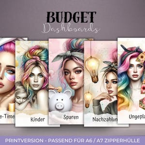 Op de afbeelding: Een set kleurrijke budget dashboards met illustraties van vrouwen. De dashboards zijn gelabeld met "Me-Time", "Kinder", "Sparen", "Nachzahlung" en "Ungeplant". De tekst "BUDGET Dashboards" staat bovenaan.