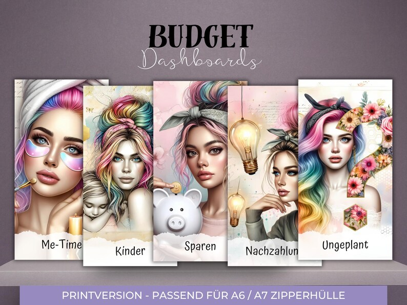 Op de afbeelding: Een set kleurrijke budget dashboards met illustraties van vrouwen. De dashboards zijn gelabeld met "Me-Time", "Kinder", "Sparen", "Nachzahlung" en "Ungeplant". De tekst "BUDGET Dashboards" staat bovenaan.
